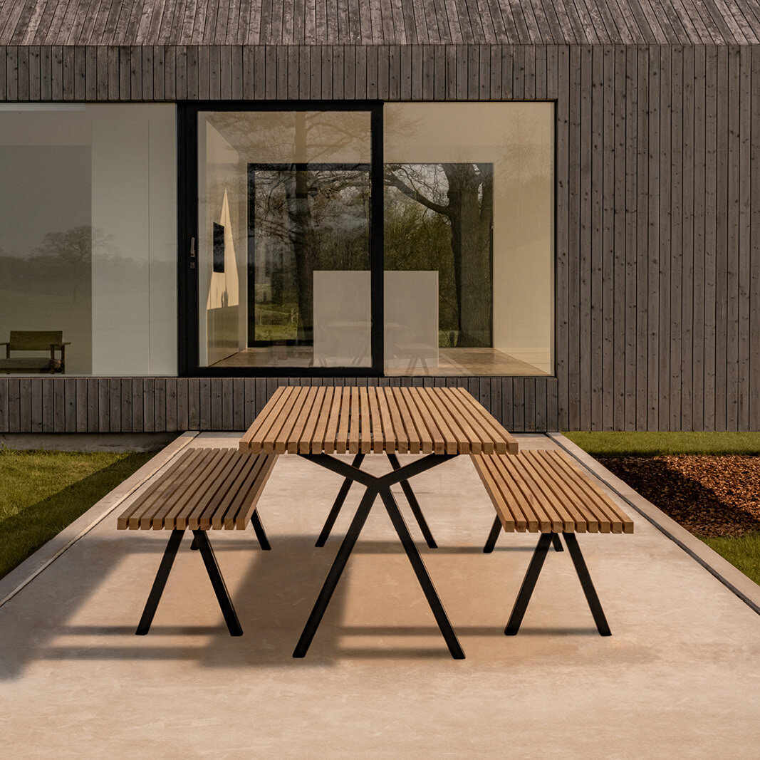 Rectangular Outdoor Design dining table | Slim X-type Outdoor Table Steel black powdercoating | Iroko | Studio HENK| 