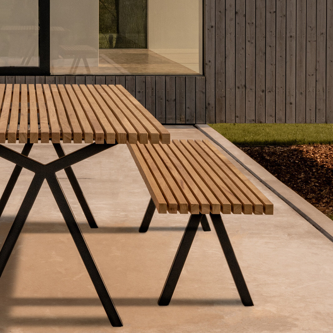 Rectangular Outdoor Design dining table | Slim X-type Outdoor Table Steel white powdercoating | Iroko | Studio HENK| 